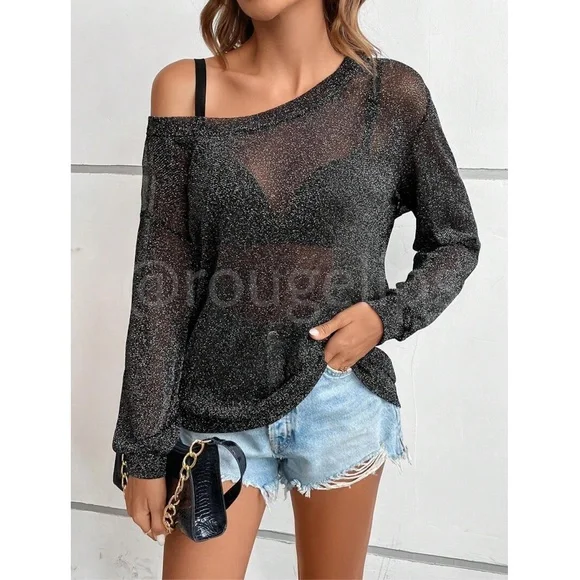 Black Lurex Sheer Black Long Sleeve Asymmetrical Neck - Picture 6 of 9